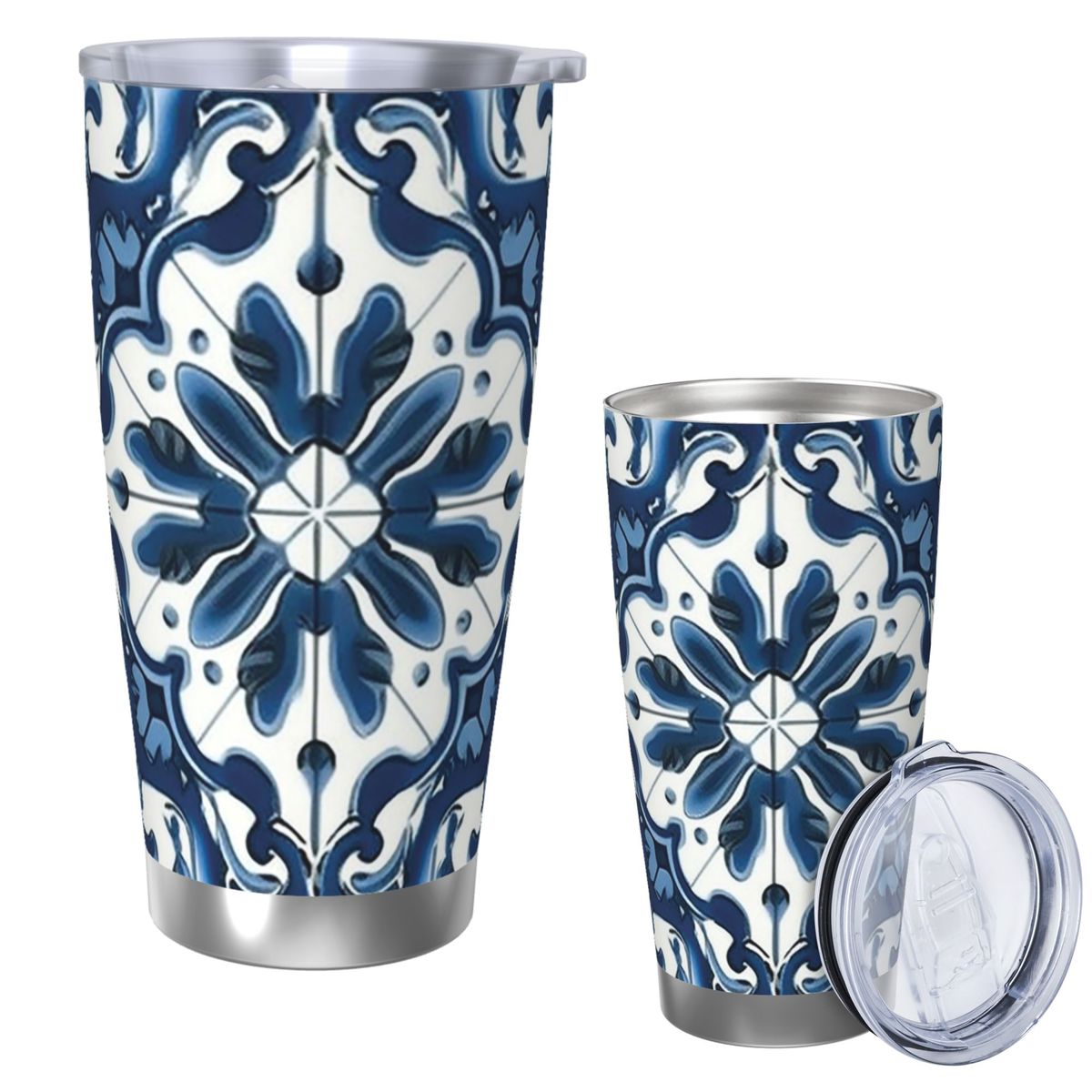 Tumbler 20Oz White - Niebiesko-biały wzór majoliki Stal nierdzewna Kubek